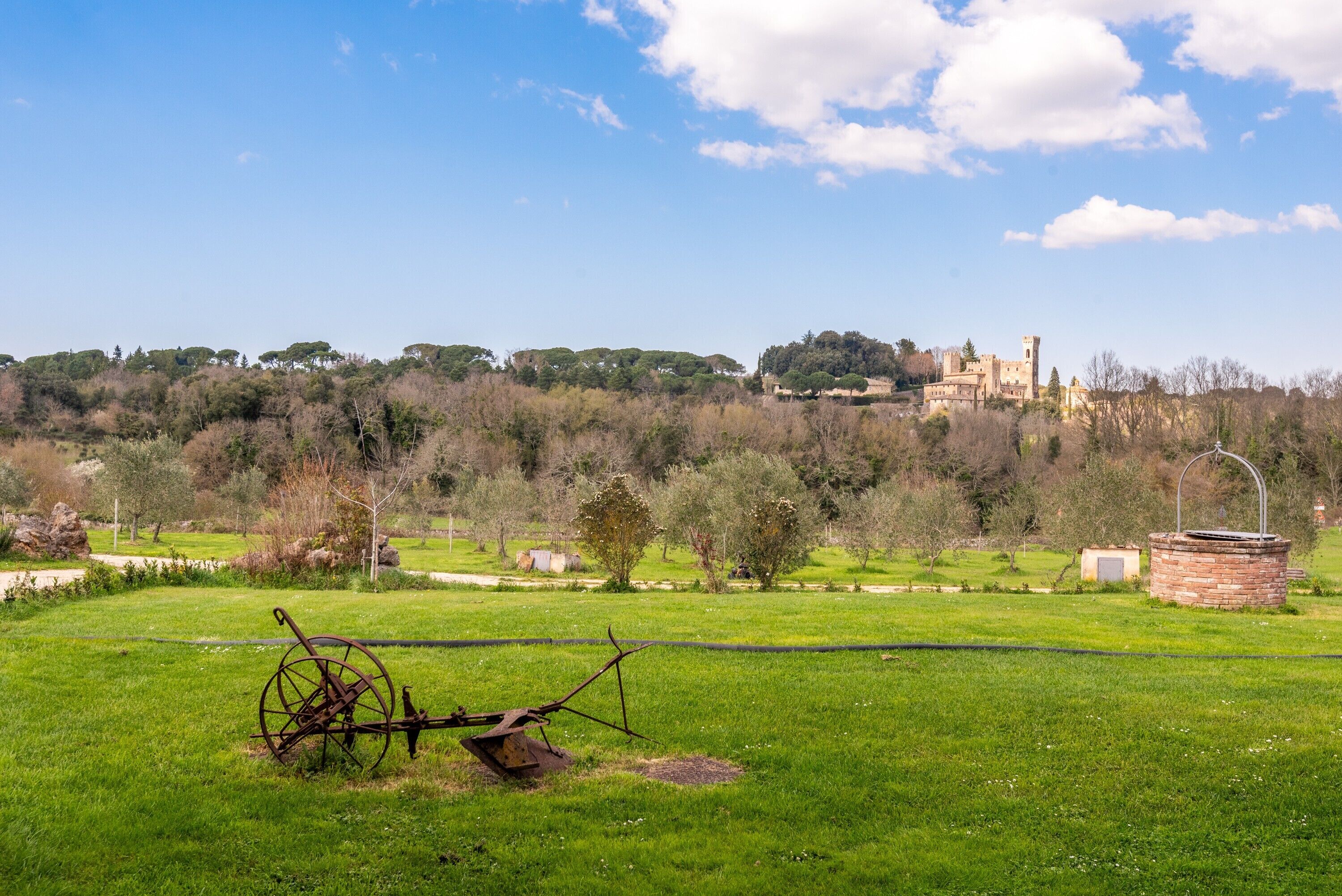 Un paysage rural avec un champ, un vieux charrue et un château situé au loin.