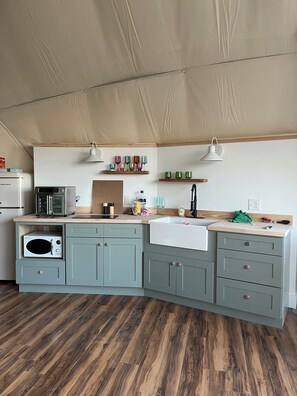 Fridge, microwave, oven, coffee/tea maker