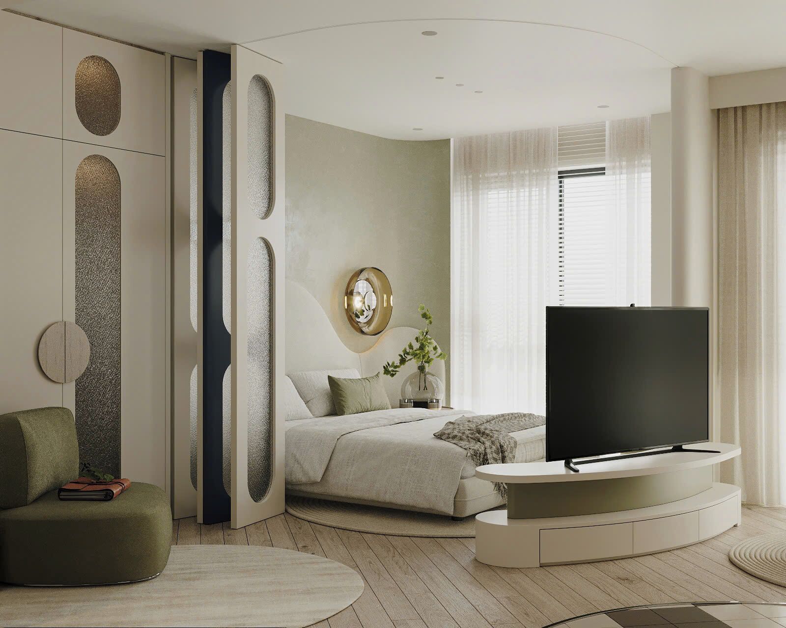 Desk, laptop workspace, blackout drapes, iron/ironing board