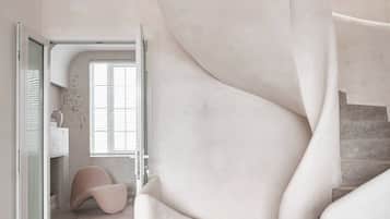 Desk, laptop workspace, blackout drapes, iron/ironing board