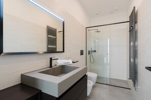 Shower, hair dryer, towels