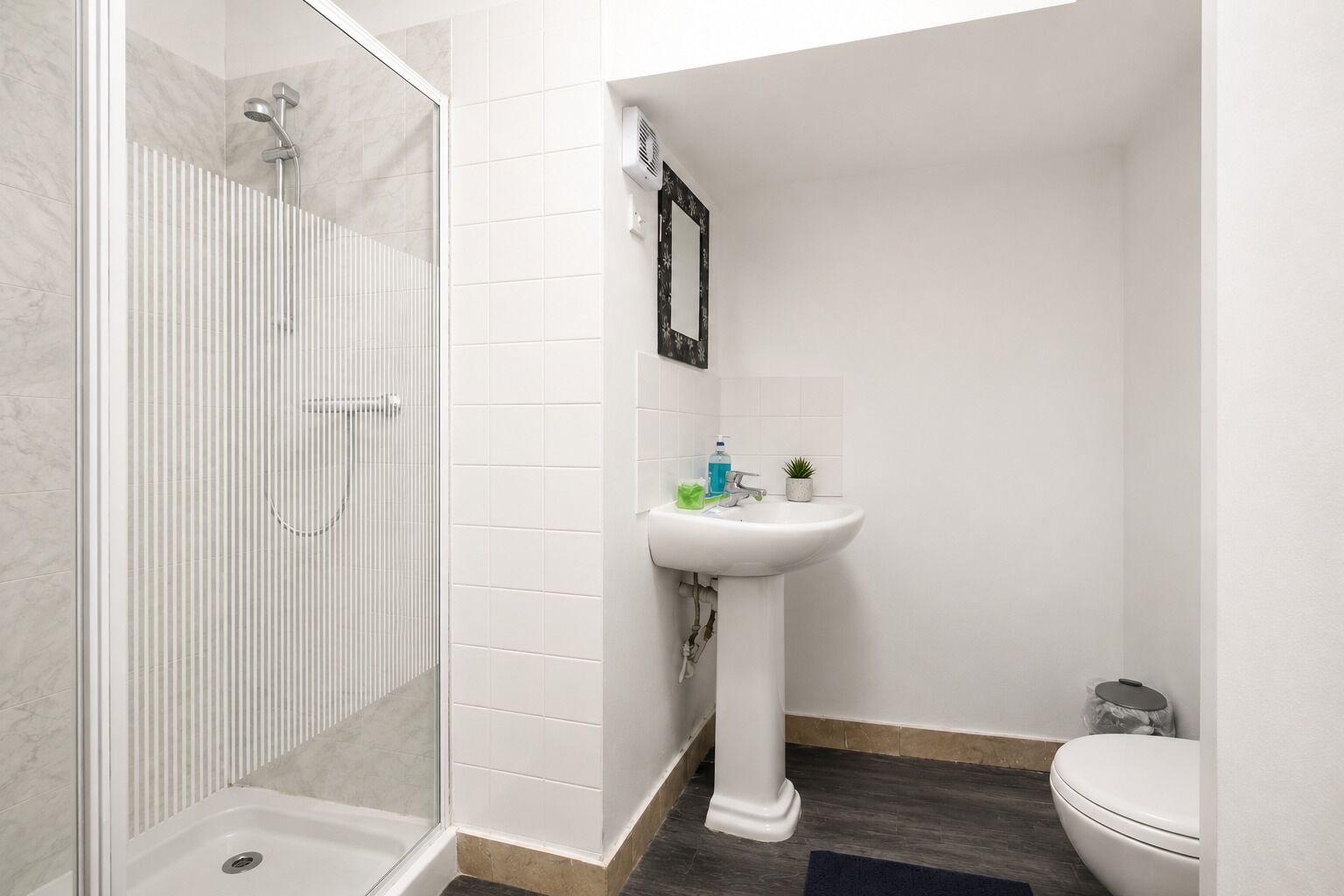 Hair dryer, towels, soap, toilet paper