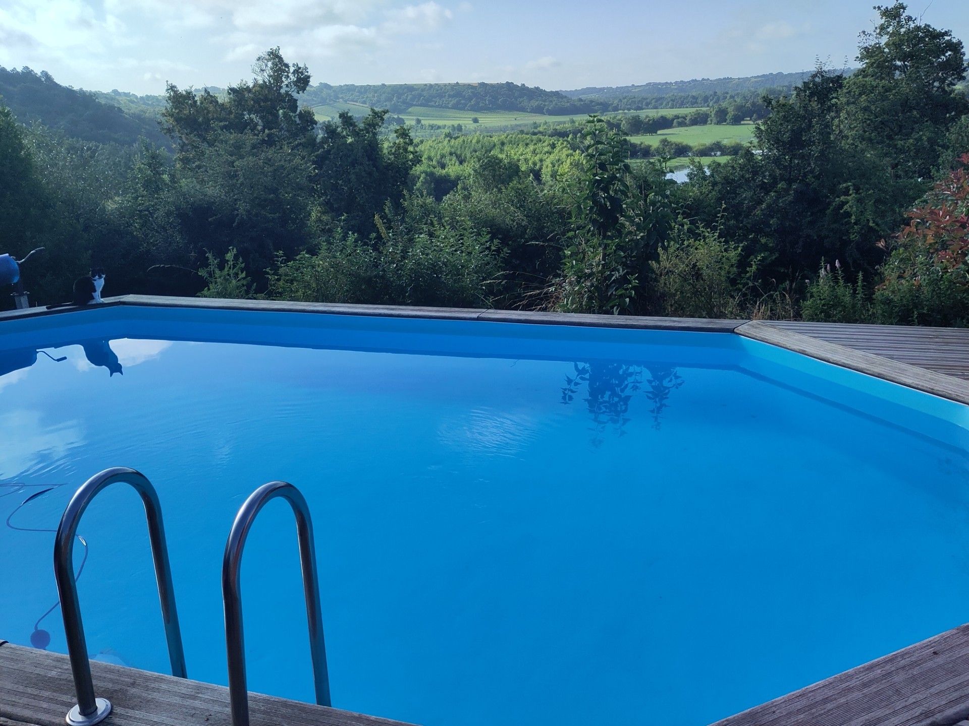 A clear blue swimming pool with metal ladders, surrounded by lush greenery and hills in the background.