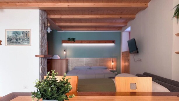 A modern interior with a wooden dining table, a potted plant, and a bed in the background. - Cozy studio apartment in the Dolomites (Tesero)