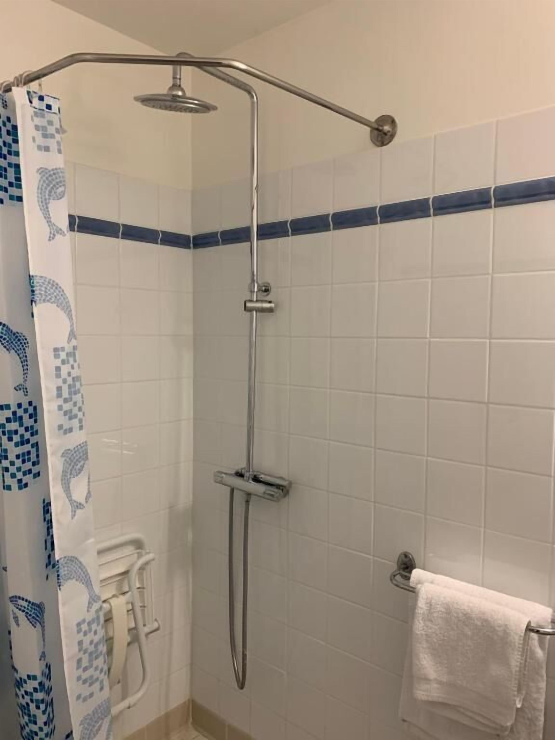 A shower with a curved showerhead, a handheld showerhead, and a towel rack with a towel.