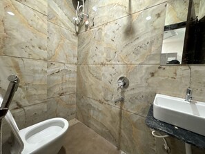 Regadera, toallas, jabón, shampoo 