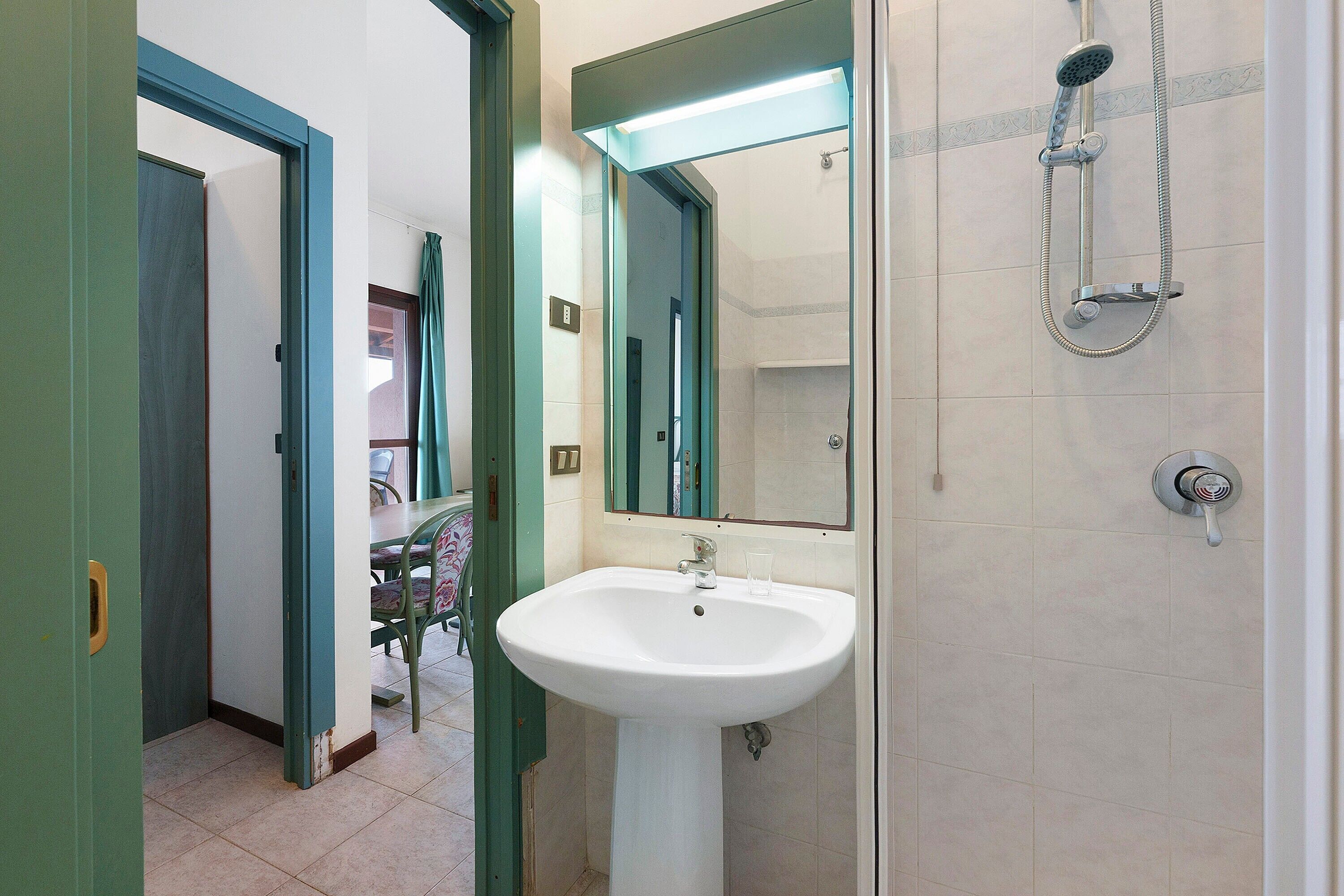 Une salle de bain avec un lavabo, un miroir et une douche.