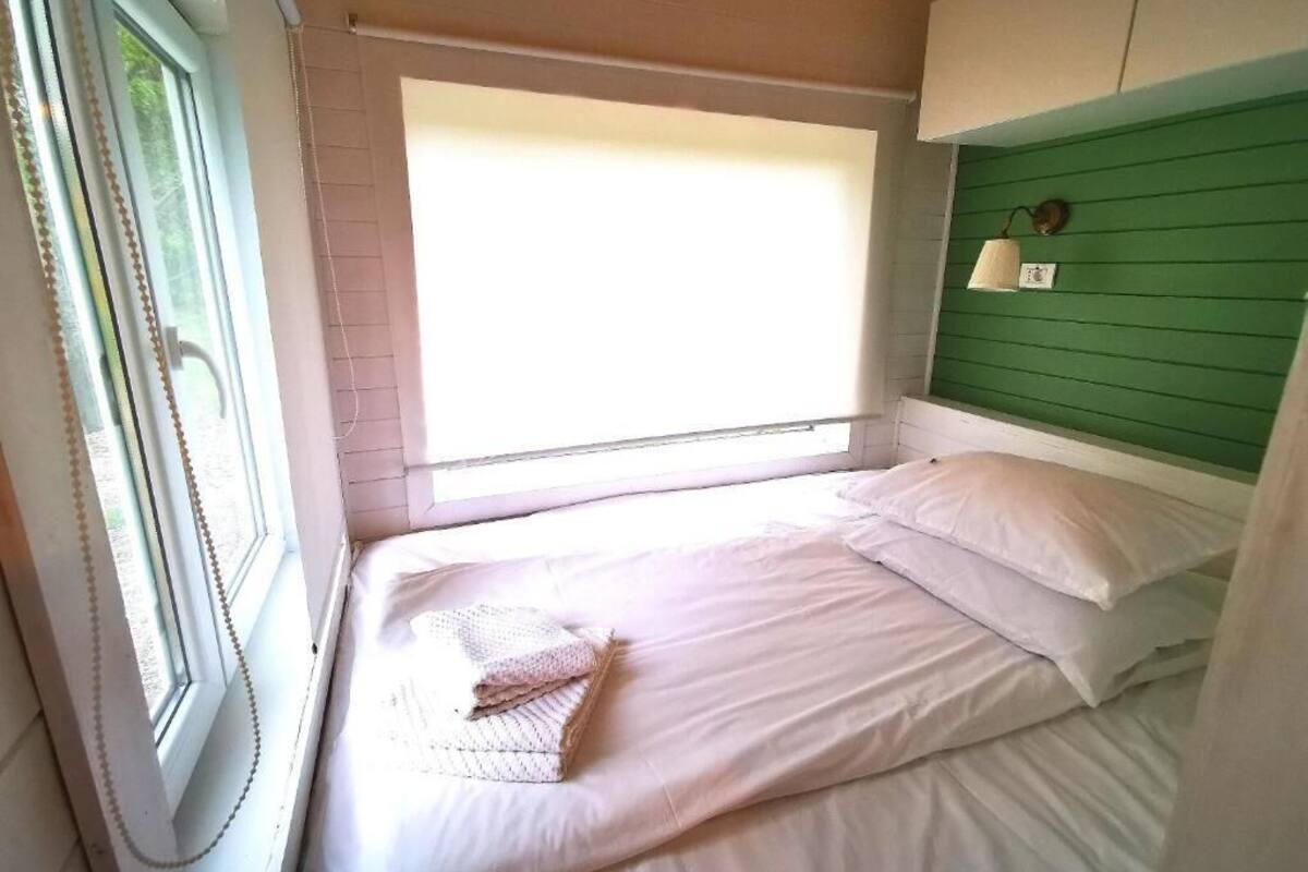 Un lit simple avec une literie et des oreillers blancs, une fenêtre avec des stores et une tête de lit verte.