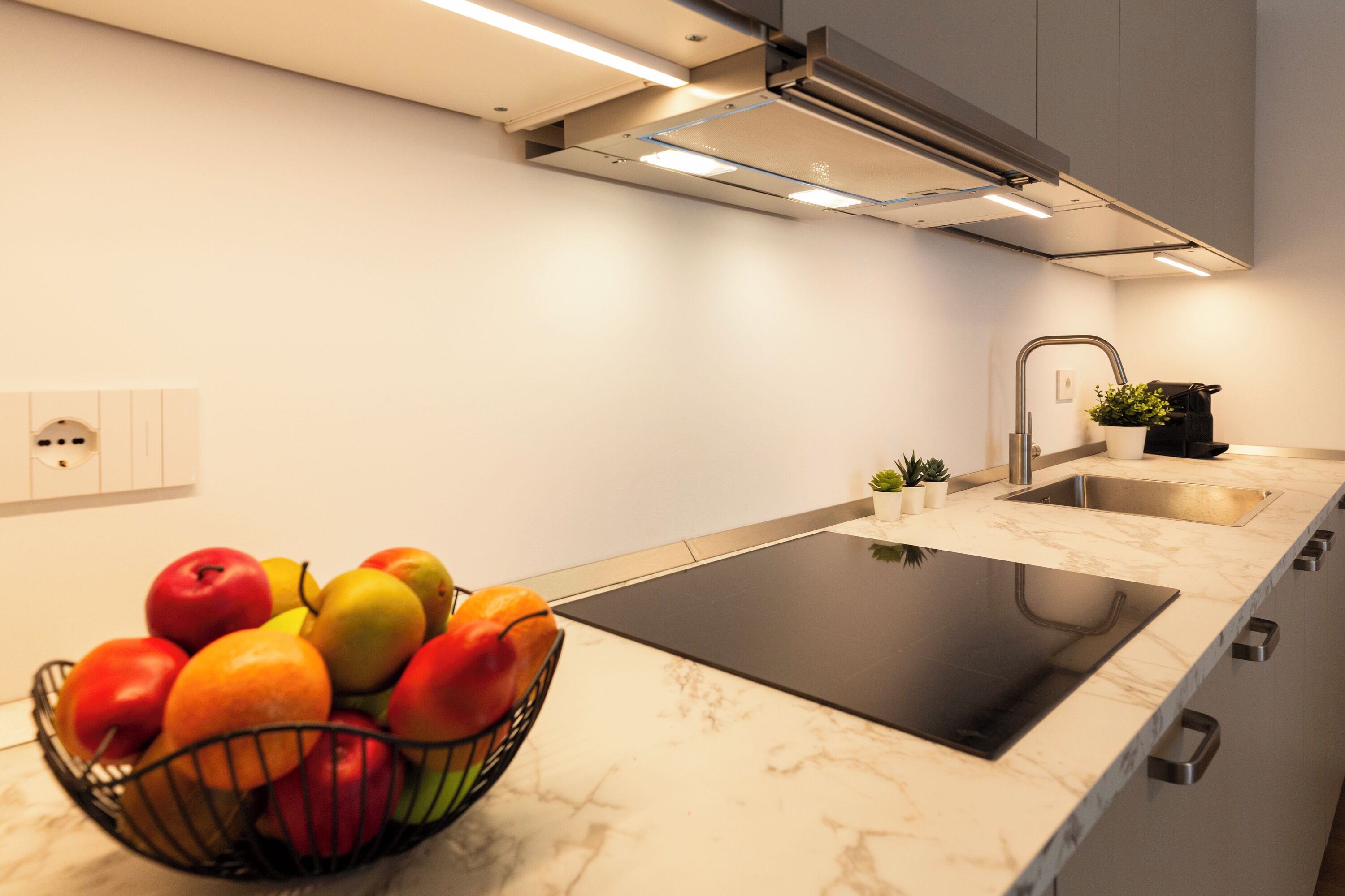 Apartamento luxo | Cozinha privada | Geladeira grande, micro-ondas, cooktop, lava-louças