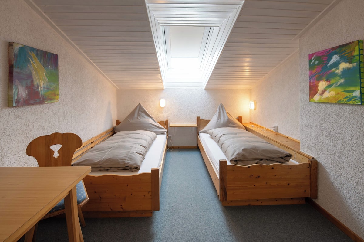 A small, cozy room with two wooden beds, a desk, and a skylight.