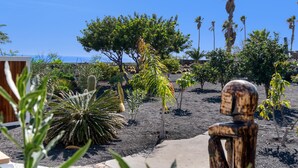 A garden with various plants and a wooden sculpture. - Holiday Apartment 'El Alcaidón 1' with Wi-Fi and Air Conditioning (Tías)