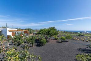 Ein modernes Haus mit Garten, Meerblick und blauem Himmel.