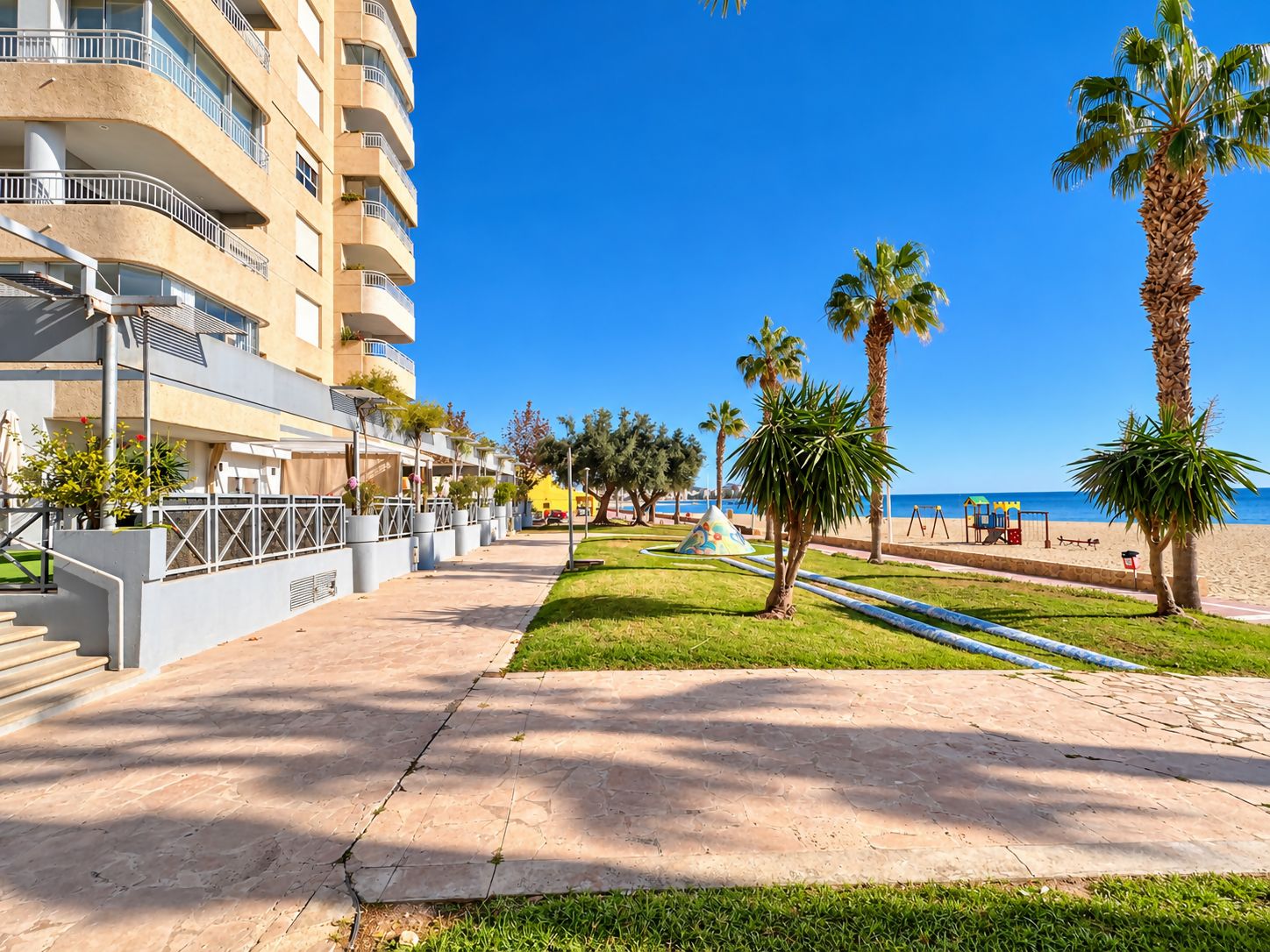 Un hotel frente al mar con un paseo pavimentado, palmeras y una vista despejada del océano.