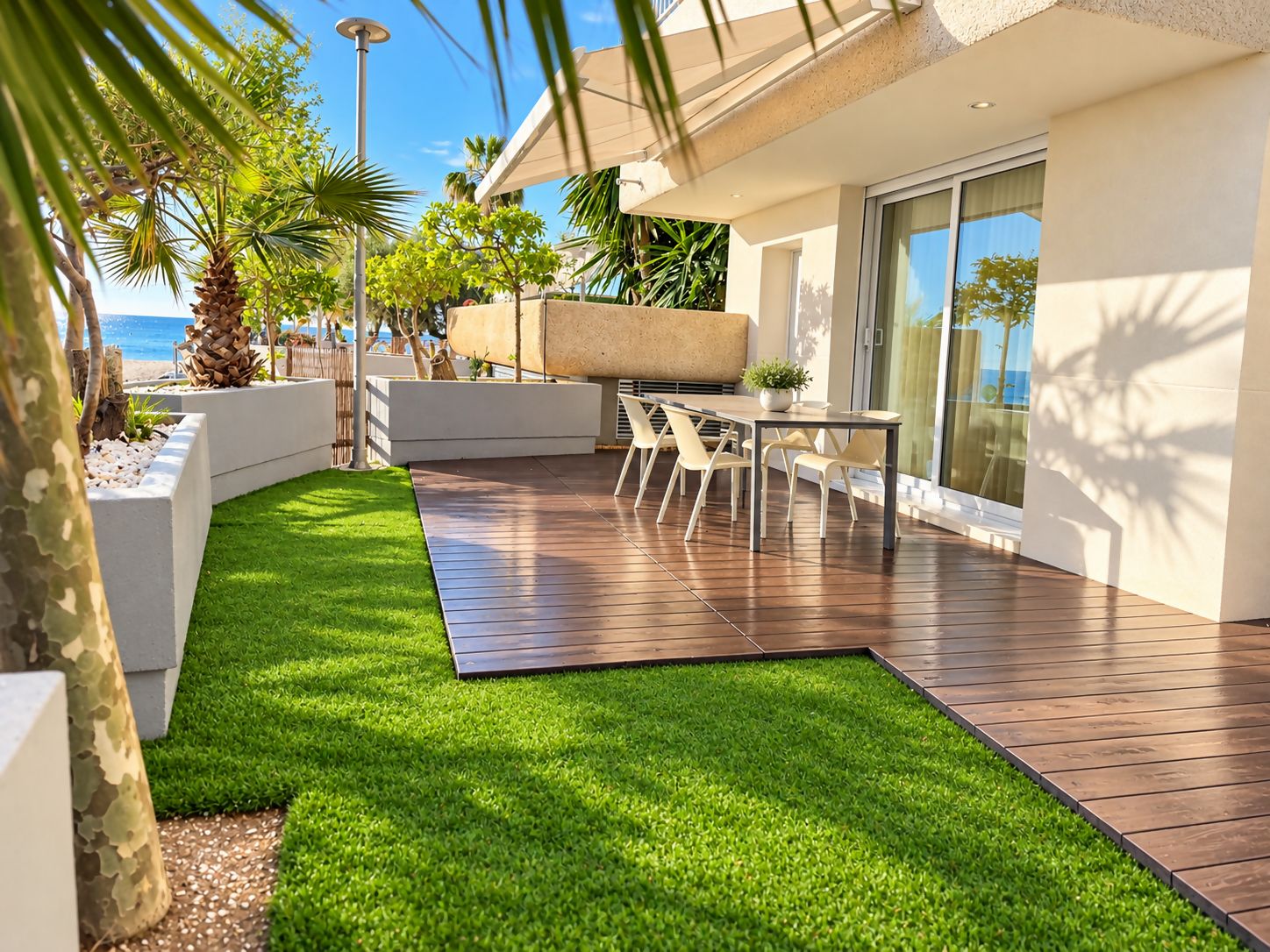 Een modern terras buiten, met een houten dek, een zithoek met stoelen en een kleine tafel.