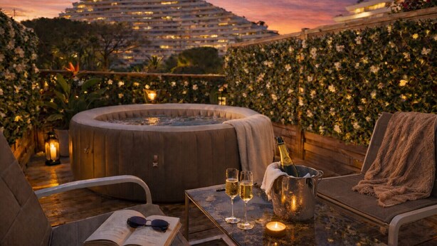 A rooftop terrace with a hot tub, lounge chairs, and a table with drinks and a book. - Marina - Magnifique Appartement - Exclusive (Villeneuve-Loubet)
