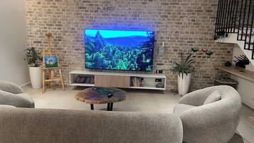 Smart-tv, eldstad, böcker och en stereo