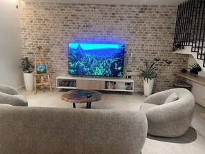 Smart TV, fireplace, books, stereo