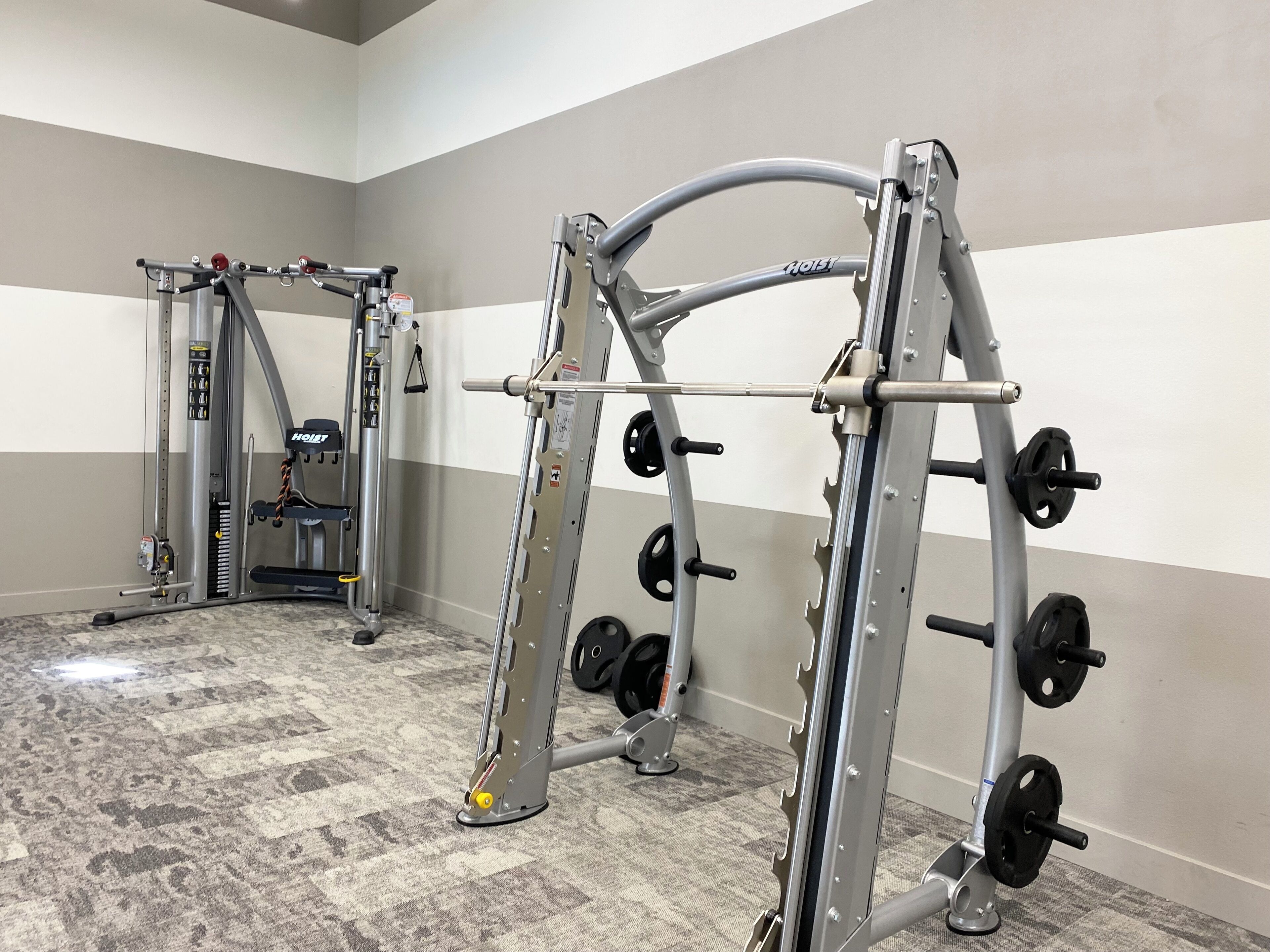 A gym with weightlifting equipment, including a squat rack and a bench press.