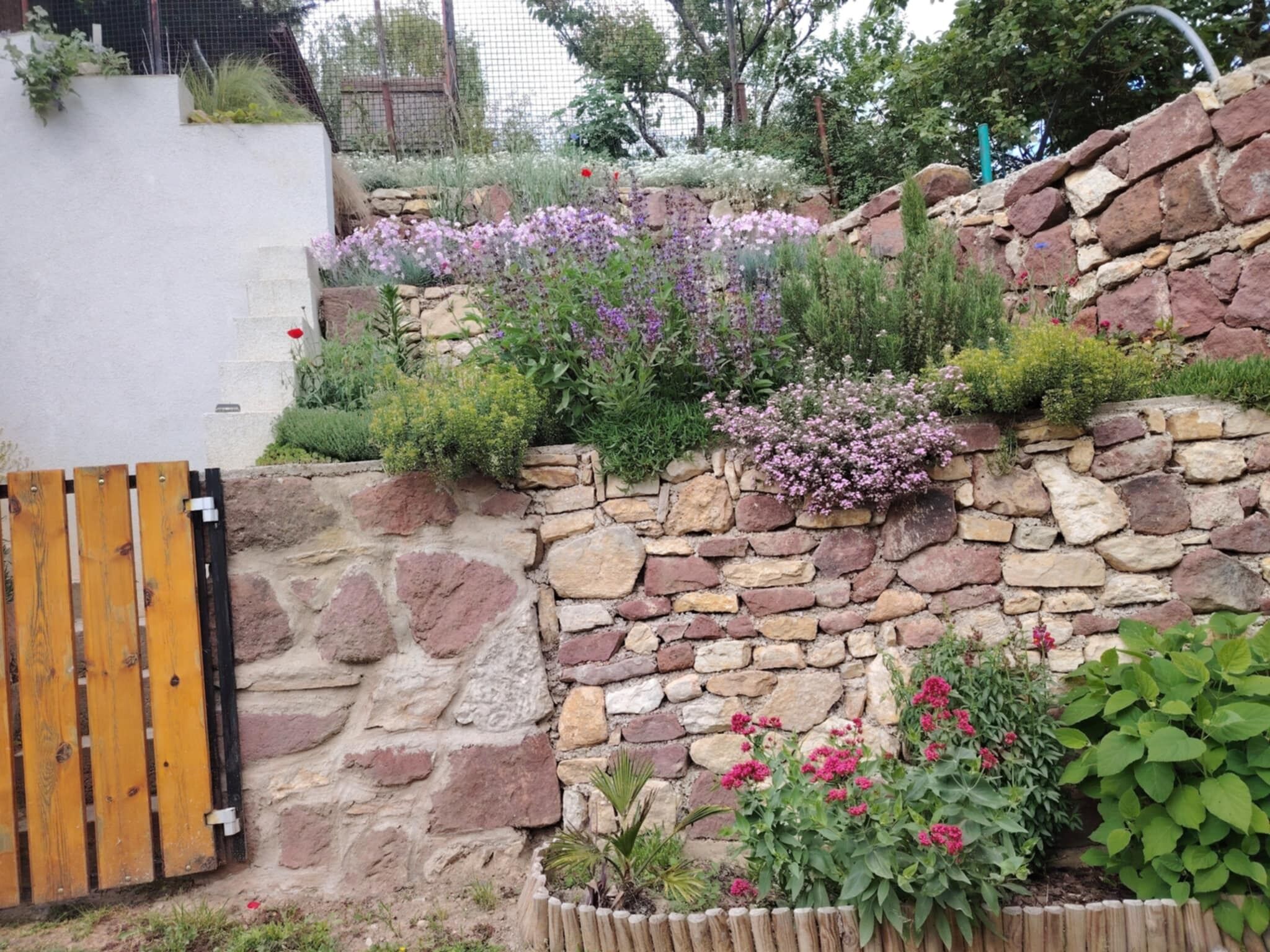 Un mur de pierre surmonté d’un portail en bois, entouré de diverses plantes à fleurs et d’arbustes.