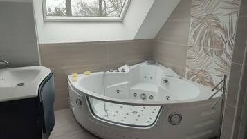 Hair dryer, towels, soap, toilet paper