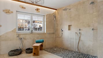 Shower, towels, soap, shampoo