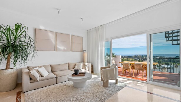 A modern living room with a sofa, coffee table, and a large potted plant. - Apartment 'Paraiso Pueblo' with Sea View, Wi-Fi and Air Conditioning (Benahavís)