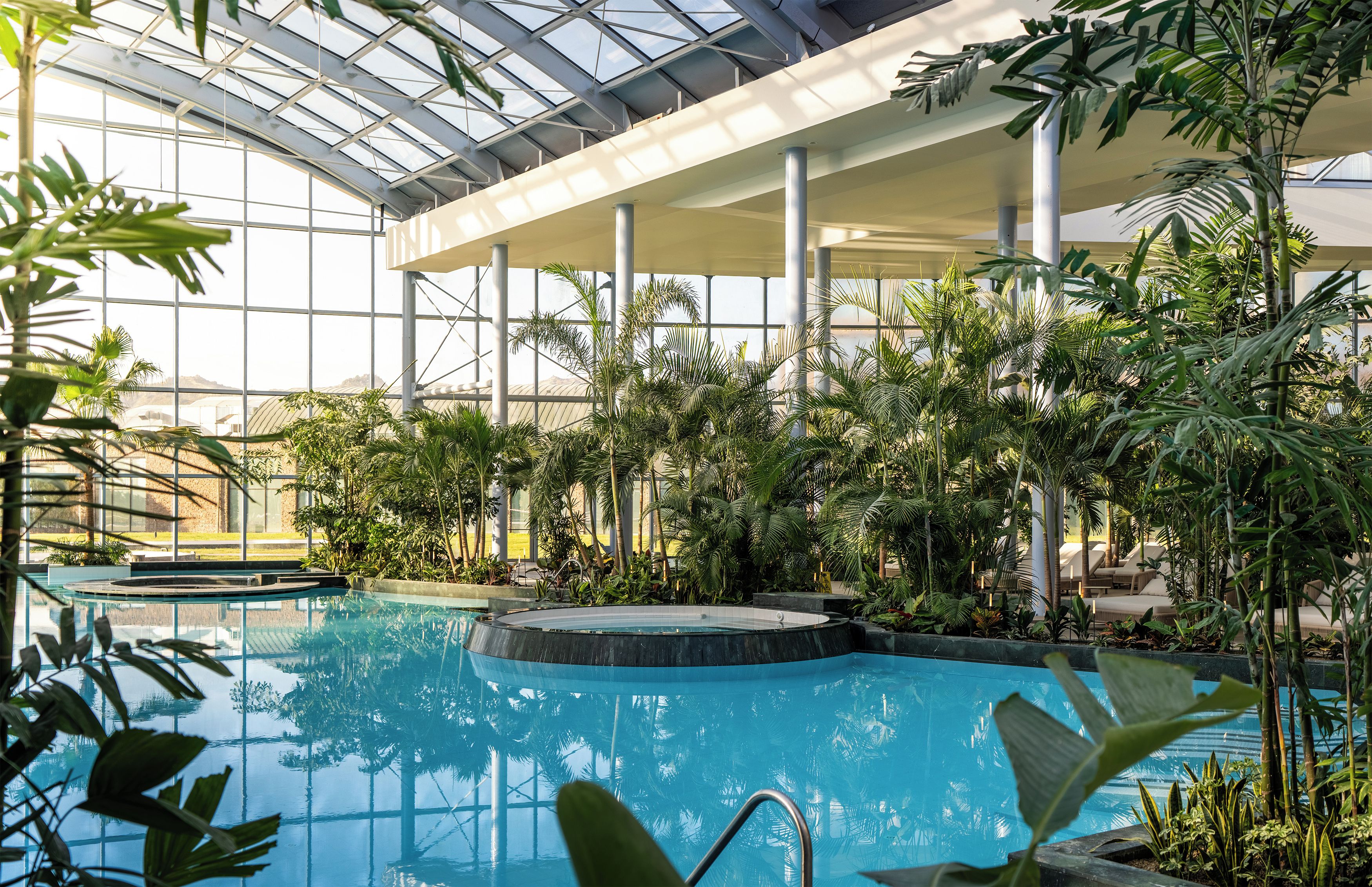 Una piscina interior con techo de vidrio, rodeada de plantas tropicales y una zona de estar cubierta.