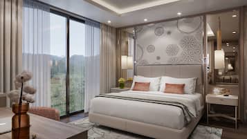 A modern hotel room with a large bed, a desk, a chair, and a view of the outdoors.