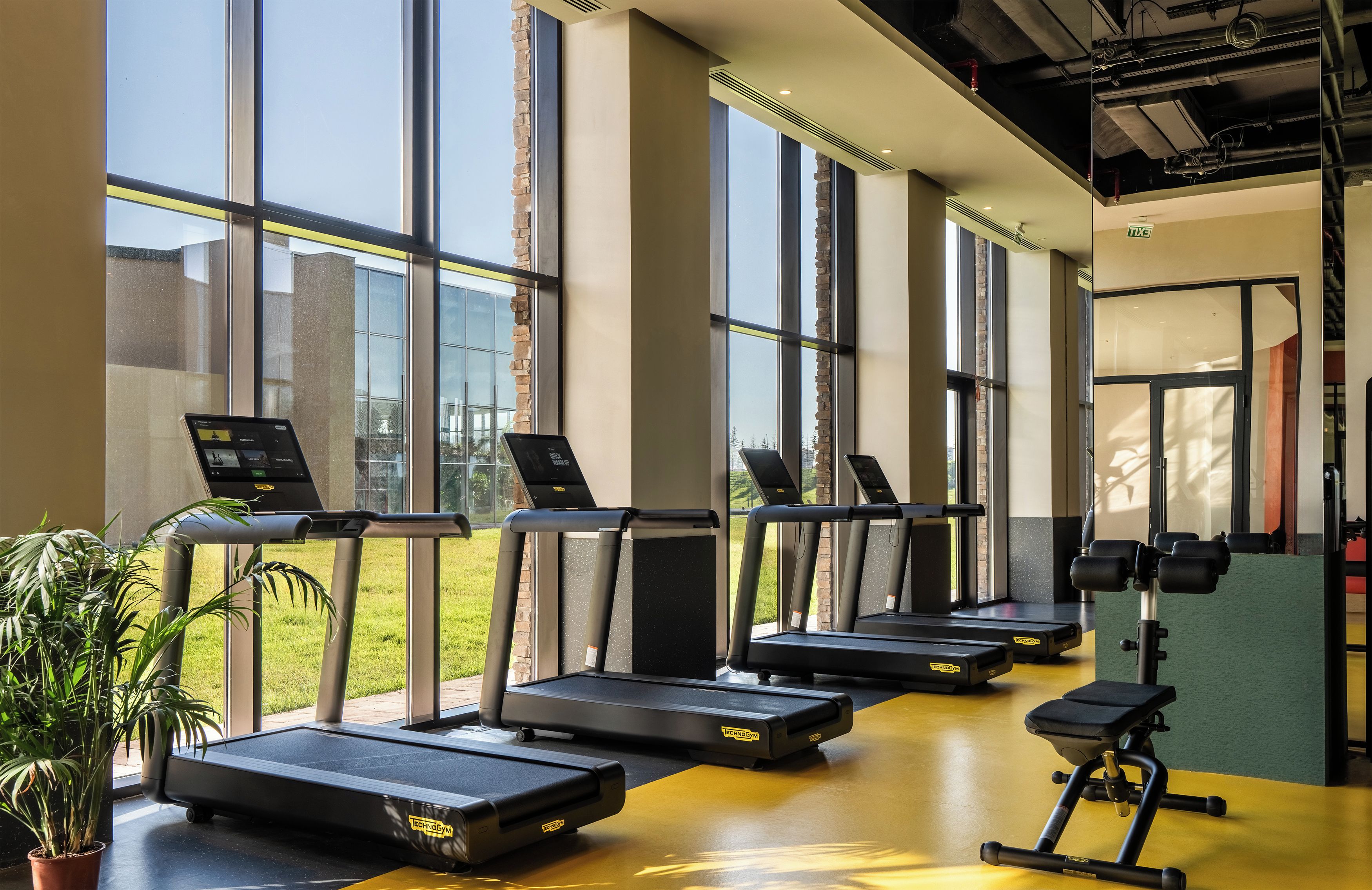 Un gimnasio con varias caminadoras alineadas contra una pared con amplias ventanas, un área de ejercicio verde y una señal de salida visible.