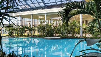 Una piscina interior con techo de vidrio, rodeada de plantas tropicales y zonas de estar.