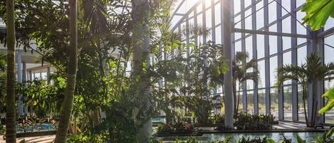 Un jardín interior con piscina, rodeado de diversas plantas y un techo de cristal que permite la entrada de luz natural.