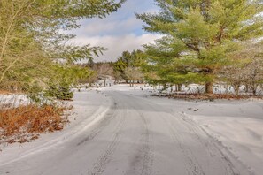 Une route enneigée bordée d’arbres, avec une maison en arrière-plan.