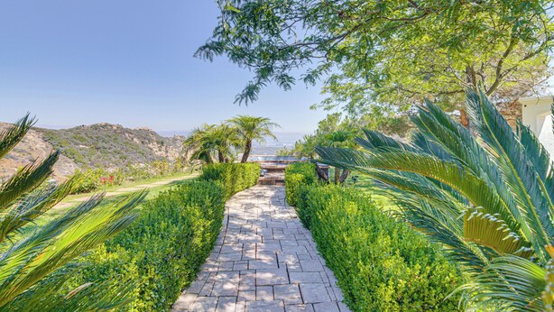 Ein gepflasterter Weg, gesäumt von üppiger Vegetation und Palmen, der zu einer entfernten Aussicht führt.