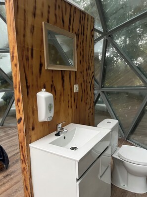A modern bathroom with a wooden wall, a white sink, a mirror, and a toilet. - Quinta do Abacate (Angra do Heroismo)