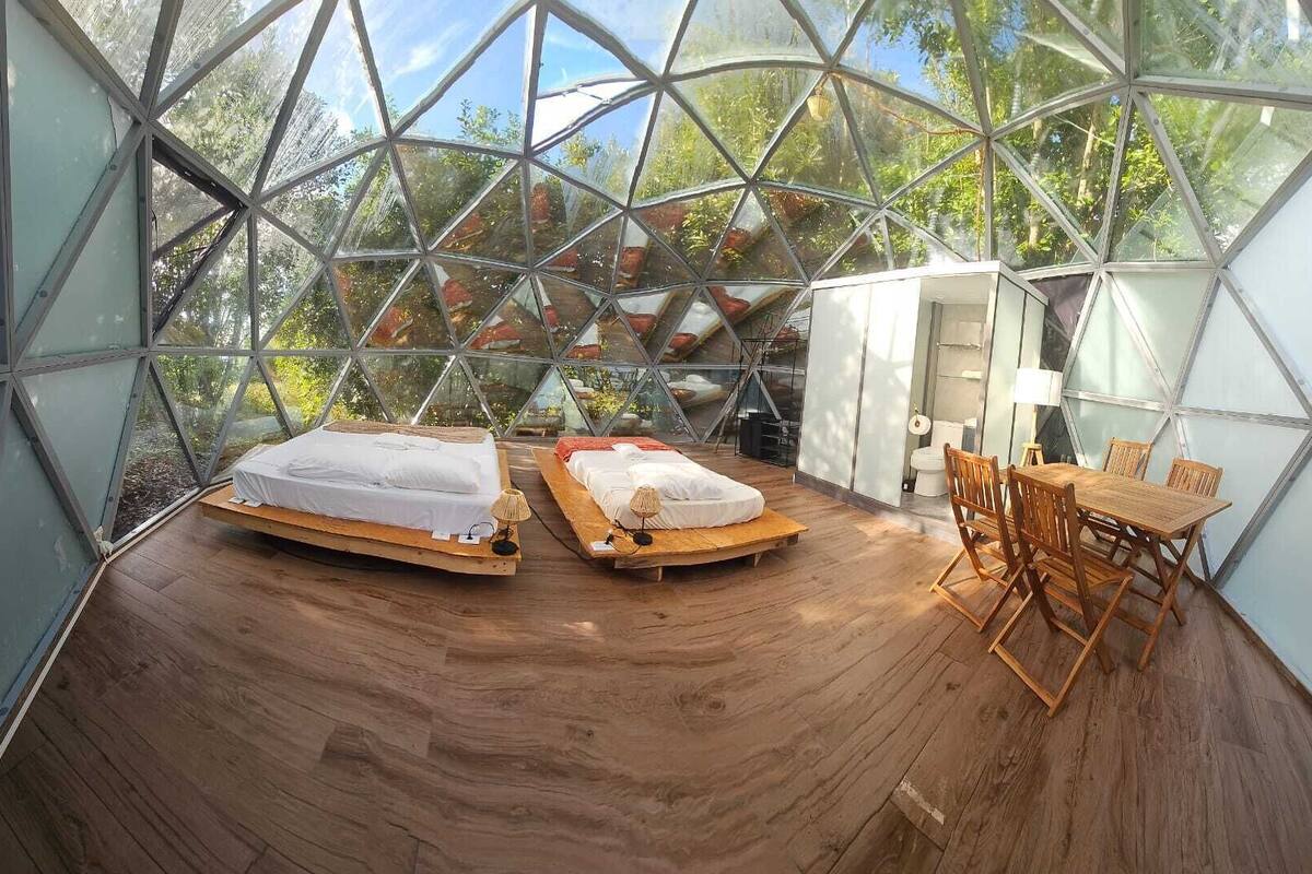 Una habitación con techo de vidrio, dos camas, una mesa de madera y una silla.