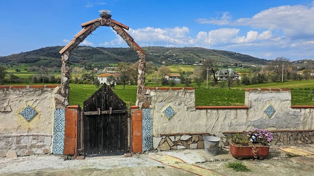 Un portón de piedra rústico con arco de madera, una reja metálica y una planta en maceta con flores.
