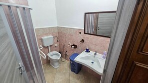 Une salle de bain avec des toilettes, un lavabo et un miroir.