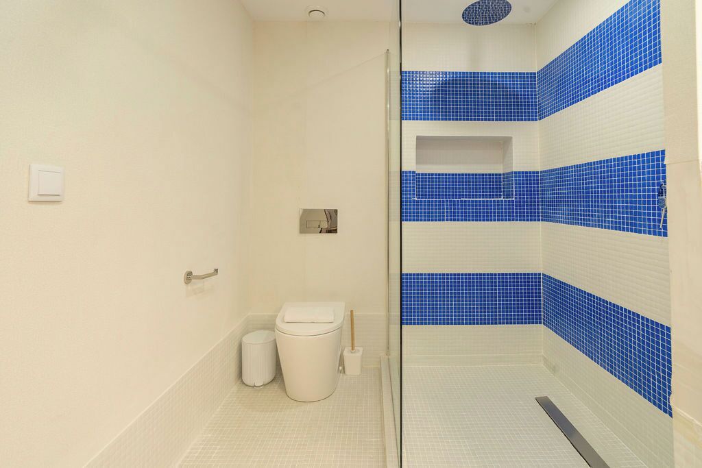 A bathroom with a glass shower enclosure, white toilet, and blue-tiled walls.