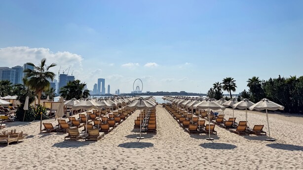 A beach with rows of sun loungers and umbrellas, palm trees, and a city skyline in the background. - PVH - Seven Palm - Studio Beach Access (Dubai)