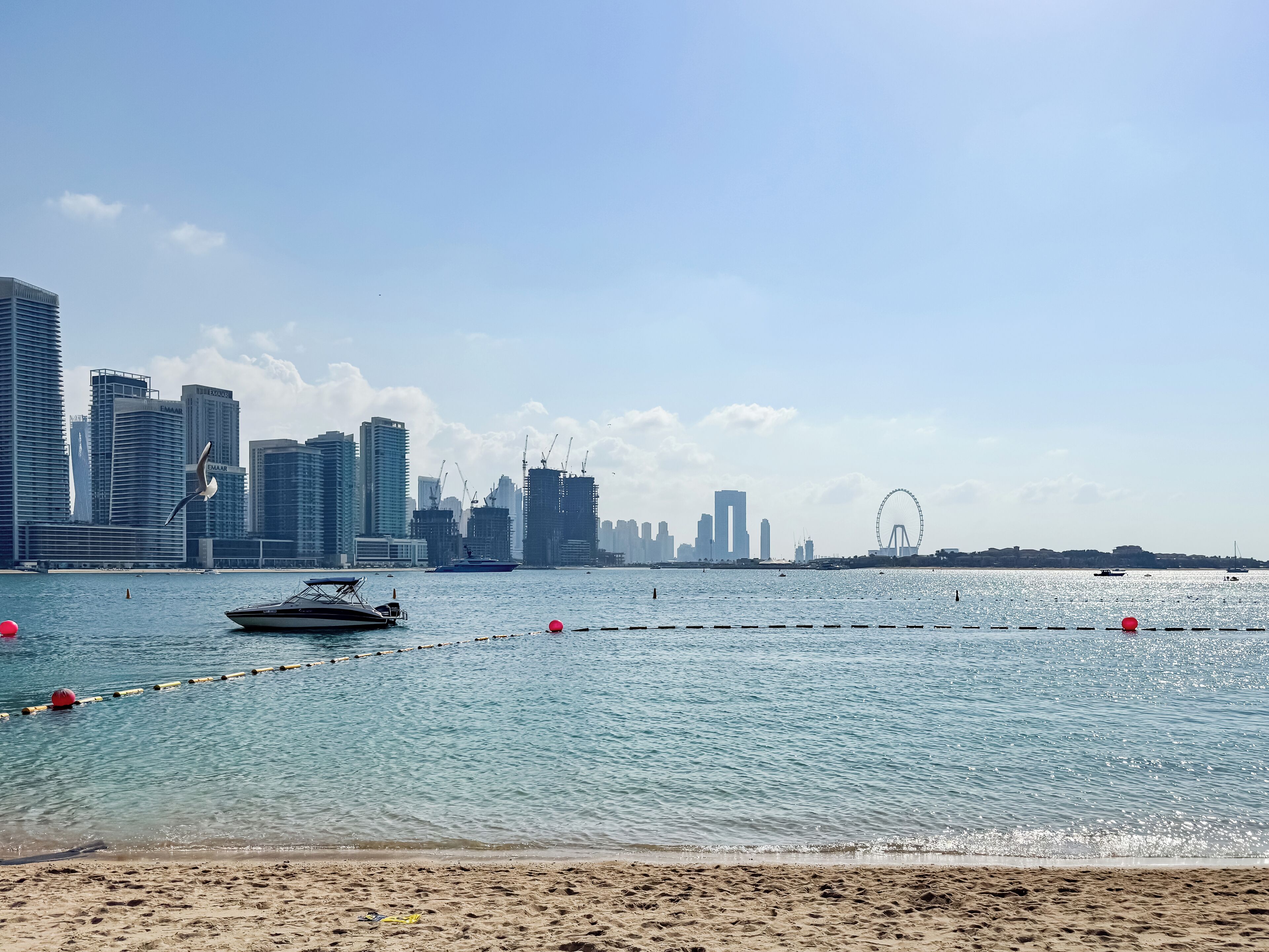 A beach with a city skyline in the background, including tall buildings and a Ferris wheel.
