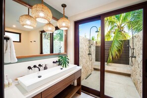 Shower, towels, soap, shampoo - Koha Kai: Bali-Inspired Beach Villa w/Infinity Pool, Ocean Balcony + Bespoke Interiors (Cayman Kai)