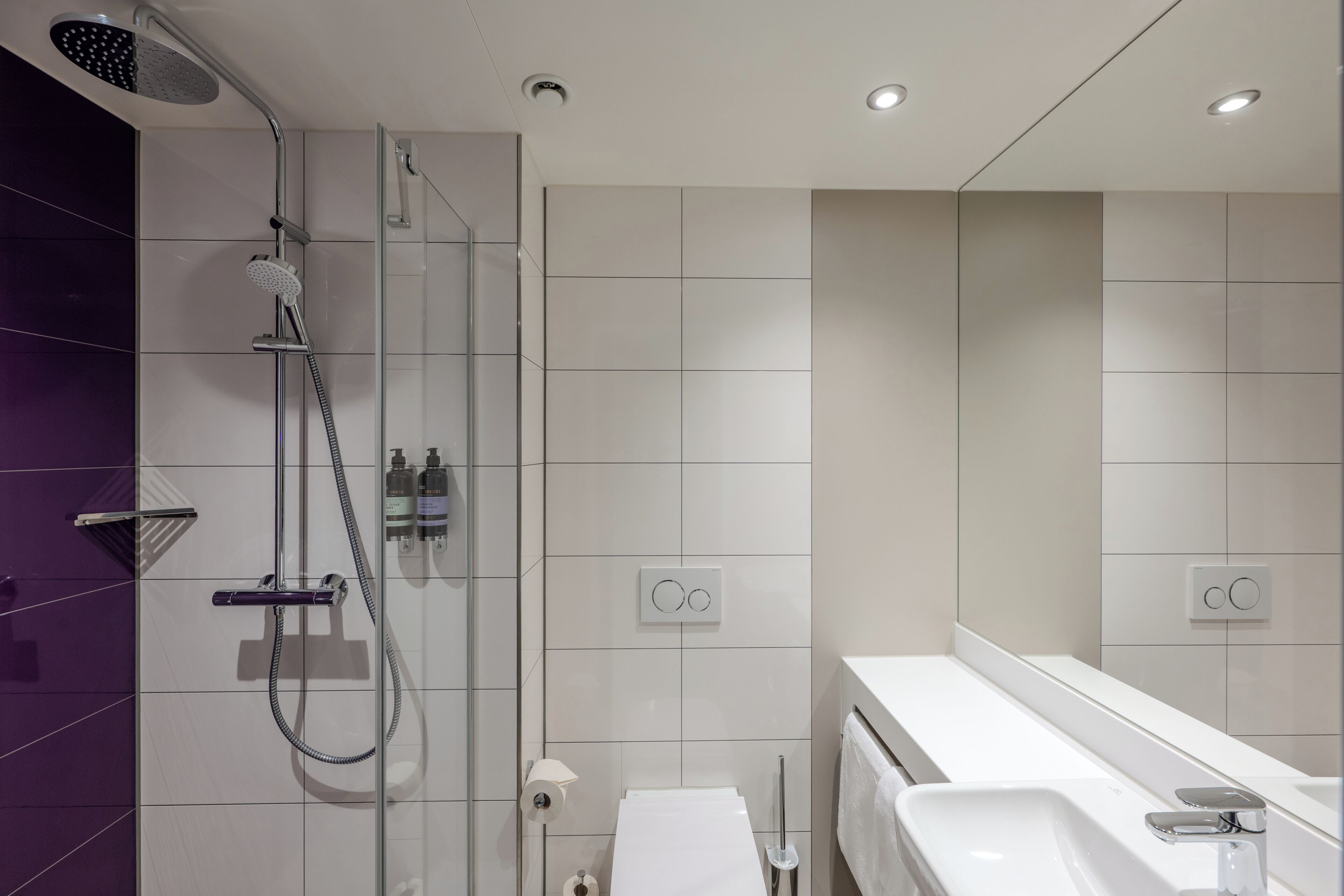 A modern bathroom with a glass-enclosed shower, a white sink, and a large mirror.