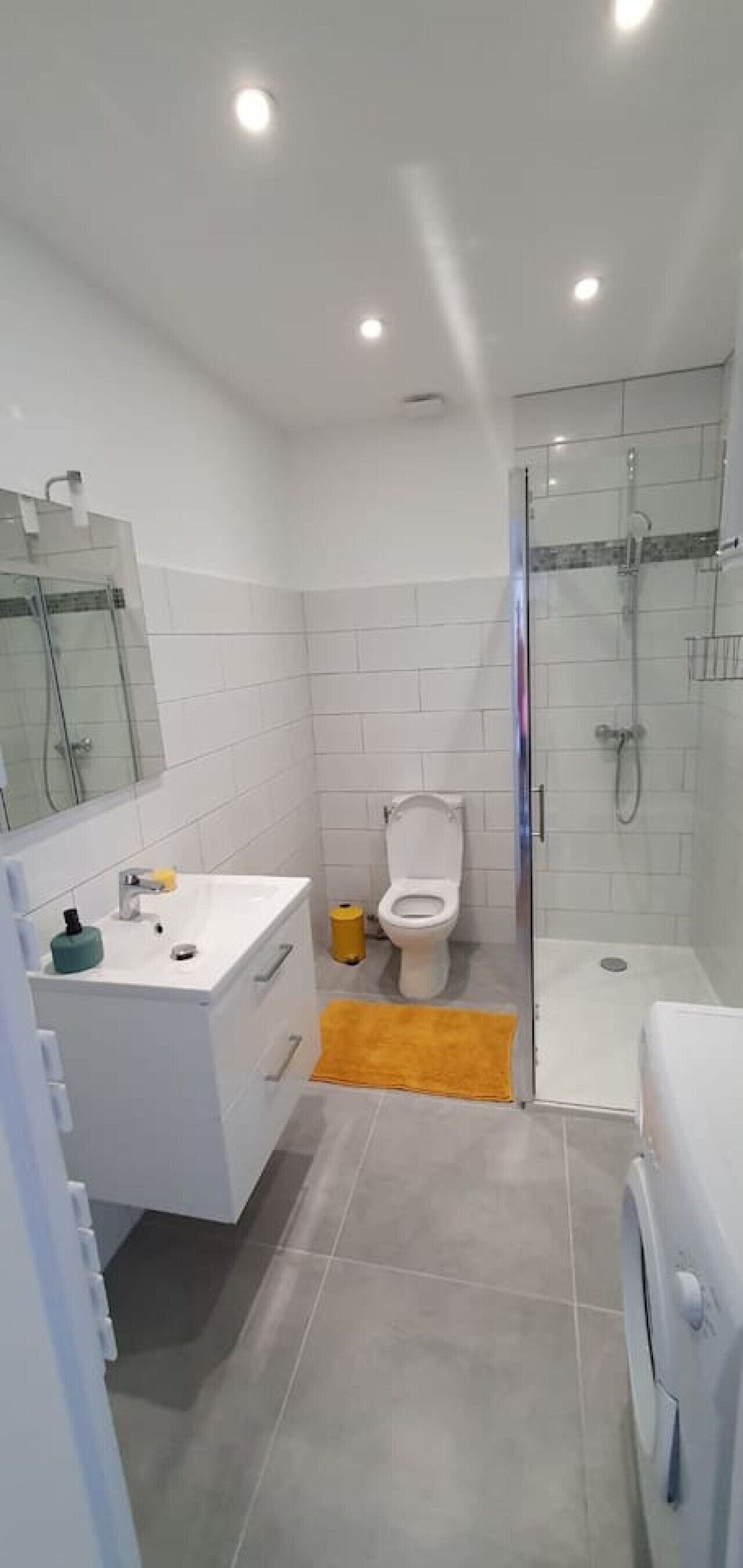 Un baño moderno con ducha envuelta en vidrio, un lavabo blanco con espejo y un inodoro.