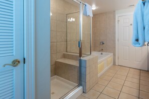 Shower, jetted bath, hair dryer, towels - Ocean View 3BR Condo – Unit 208 Royale Palms (Myrtle Beach)