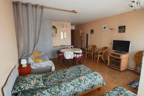 A compact room with a bed, a small table, a TV, and a dining area. - Appartement T1 29 m², lumineux, Vue lac,  garage (Aix-les-Bains)