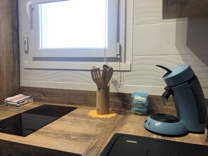 Fridge, microwave, oven, stovetop - Studio 25 m², avec parking et balcon, centre-ville (Aix-les-Bains)