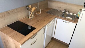 A compact kitchen with a wooden countertop, a black induction cooktop, a stainless steel sink, and white cabinetry. - Studio 25m², avec parking et balcon, centre-ville (Aix-les-Bains)