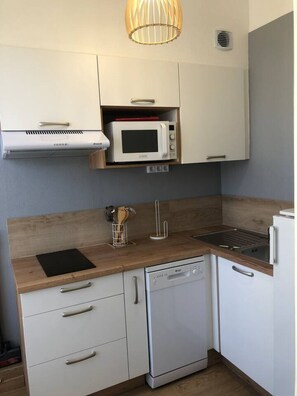 Fridge, microwave, oven, stovetop - Studio 25m², avec parking et balcon, centre-ville (Aix-les-Bains)