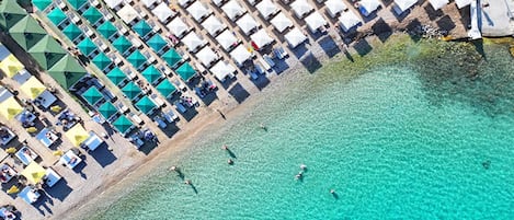 On the beach, sun loungers, beach umbrellas, beach towels