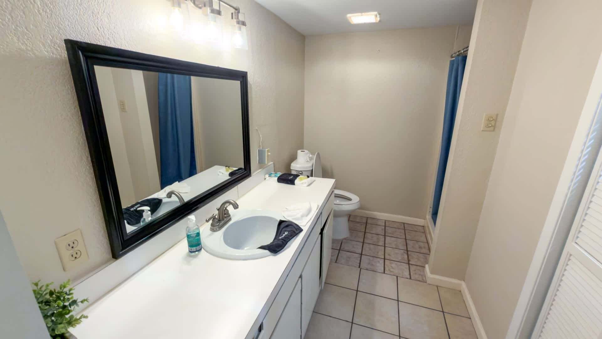 A bathroom with a white sink, a large mirror, a toilet, and a shower curtain.